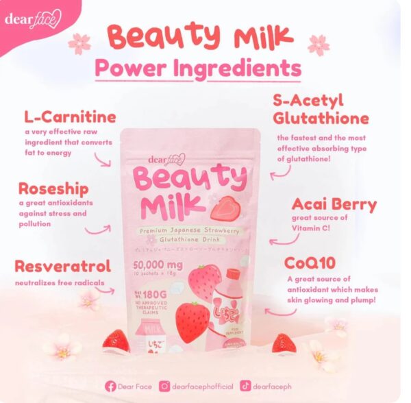 Beauty Milk – مشروب الجلوتاثيون بالفراولة اليابانية من Dear Face - الصورة 2